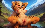 anthro arcanine arms_above_head belly breasts candy_fritter female gaping gaping_pussy generation_1_pokemon genitals lake nipples outside pokemon_(species) presenting presenting_pussy pussy solo spread_legs spreading thick_thighs