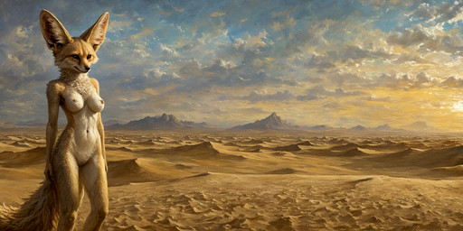 anthro big_ears breasts cloud cloudscape desert female fennec_ears fluffy fur genitals impressionism medium_breasts neck_tuft nipples nude pussy sand sky slim_female smile solo standing sunset tuft vulpine yellow_body yellow_eyes yellow_fur akhiezer canid canine fennec fox mammal hi_res oil_painting_(artwork) painting_(artwork) traditional_media_(artwork)