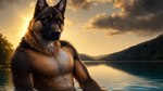 abs anthro black_nose brown_eyes canid canine canis cloud cloudy day detailed_background domestic_dog german_shepherd herding_dog lake looking_at_viewer male mammal nipples outdoors pastoral_dog plant realistic smiley solo