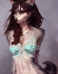 anthro bedroom_eyes blue_clothing blue_topwear blush bottomless bra bra_only braided_hair breasts brown_hair canid canine canis clothed clothing female fluffy fluffy_tail fur grey_background grey_body grey_eyes grey_fur hair hands_behind_back hughte lingerie long_hair mammal midriff narrowed_eyes navel neck_tuft painting pose realistic seductive shy simple_background skimpy solo standing topwear tuft underwear underwear_only wolf