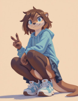 anthro blue_eyes brown_hair clothing crouching female footwear gesture hair hoodie looking_at_viewer ruffled_skirt shoes smile sneakers solo topwear v_sign verbotenvertex mammal mustelid otter hi_res