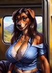 anthro big_breasts breasts brown_eyes canid canine canis cattorihanzo cleavage clothed clothing domestic_dog female hi_res huge_breasts jewelry large_breasts looking_at_viewer mammal necklace seductive smile solo stable_diffusion