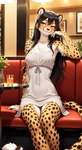 alcohol anthro beverage black_hair clothing dress female fur hair orange_body orange_eyes orange_fur solo tail unknown_director cheetah felid feline mammal hi_res