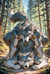 all_fours anthro anthro_on_anthro dominant dominant_anthro dominant_male duo fur green_eyes grey_body grey_fur looking_at_viewer male male/male muscular nude submissive submissive_anthro submissive_male canid canine canis mammal wolf hi_res