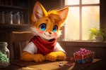 blue_eyes blush candy cheek_tuft clothing dessert facial_tuft food head_tuft looking_at_viewer male neckerchief red_scarf scarf shirt smile solo subsurface_scattering t-shirt topwear tuft window window_light young somefursoup miles_prower canid canine fox mammal hi_res