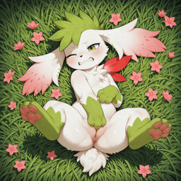 anus claws clenched_teeth female feral flower genitals green_eyes green_hair hair lying masturbation on_back on_grass one_eye_closed outside pawpads paws pink_pawpads plant pussy solo spread_legs spreading teeth white_body pixvul nintendo pokemon generation_4_pokemon legendary_pokemon pokemon_(species) shaymin sky_forme_shaymin hi_res