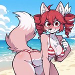 anthro beach_background big_breasts bikini blush breasts butt clothing colored_nails crotch_tuft drill_curls female fur hair inner_ear_fluff nails navel nipple_outline pattern_bikini pattern_clothing pattern_swimwear pink_body pink_ears pink_fur red_eyes red_hair red_nails ribbon smile solo solo_focus striped_bikini striped_clothing striped_swimwear stripes swimwear tail tail_up thick_thighs tuft white_body white_fur white_ribbon anonymous_director kasane_teto canid canine canis mammal wolf hi_res