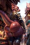 ambiguous_gender anthro big_butt butt cresent_sun fin hi_res kobold looking_at_viewer looking_back looking_back_at_viewer market multicolored_body prompt prompt_metainfo public raised_tail rear_view red_body red_eyes red_scales scales scalie smile solo solo_focus standing thick_thighs two_tone_body