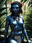 alien alien_humanoid black_hair blue_body blue_nipples bottomwear breasts clothed clothing female hair hi_res humanoid hybrid jewelry jungle loincloth looking_at_viewer marcus64 na'vi navel nipples sitting solo topless tribal tribal_jewelry