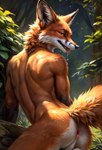 anthro anus balls bedroom_eyes begging bodily_fluids butt canid canine fox fur genitals hi_res in_heat longhorn_(director) looking_at_viewer looking_back looking_back_at_viewer male mammal narrowed_eyes nude orange_body orange_fur outdoors presenting presenting_hindquarters raised_tail saliva seductive seductor smile solo