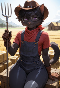 5_fingers anthro belt black_body black_fur box clothed clothing container cowboy_hat day detailed_background eye_contact eyewear fangs farm farmer fingers fur gesture glasses glistening glistening_clothing gloves grass handwear hat hay hay_bale headgear headwear leaning looking_at_another looking_at_viewer male outside overalls pitchfork plant purple_eyes red_clothing red_shirt red_topwear scarf shirt sitting sleeves smile smiling_at_viewer solo tools topwear tree tuft waving waving_at_viewer white_body white_fur white_whiskers wide_hips stypek sebas_(stypek) domestic_cat felid feline felis mammal hi_res