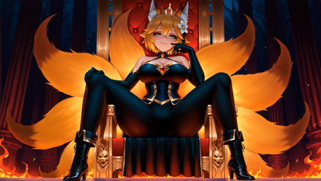 9_tails black_clothing breasts chair choker clothed clothing corset crown female footwear fox_spirit furniture gloves handwear high_heels jewelry lingerie medium_breasts multi_tail necklace throne topwear senko-san humanoid hi_res