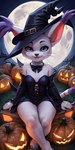 anthro clothed clothing digimon female food fruit fur halloween hat headgear headwear light looking_at_viewer moonlight night outdoor plant pumpkin smile solo white_body white_fur witch_clothes witch_hat not_imayx digimon_(species) gatomon 16:9 absurd_res hi_res portrait widescreen