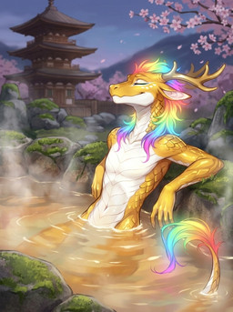 anthro antlers cherry_blossom cherry_blossom_tree cherry_tree evening eyes_closed featureless_chest female fruit_tree gold_body hair horn hot_spring japanese_architecture moss multicolored_hair mythology navel nude plant rainbow_hair rock slim solo steam tasteful_nudity tree water white_body director_veprem amaterasu_(veprem) dragon eastern_dragon mythological_creature mythological_scalie scalie hi_res