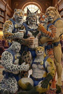 anthro bulge clothing embrace fur group hug inside library male muscular muscular_male orange_body orange_fur police police_badge spots spotted_body spotted_fur straps striped_body striped_fur stripes thong underwear sweet_husbando cheetah felid feline leopard lion lynx mammal pantherine snow_leopard tiger absurd_res hi_res