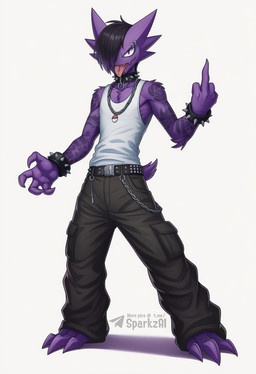 3_toes anthro belt biped black_hair bottomwear bracelet claws clothed clothing collar ear_piercing feet fingers gesture hair hair_over_eye hand_gesture jewelry looking_at_viewer male middle_finger necklace one_eye_obstructed pants piercing punk purple_body shirt simple_background solo spiked_bracelet spiked_collar spikes standing tank_top tattoo telegram telegram_logo text toes tongue tongue_out topwear white_background sergalbutt nintendo pokemon hunter_(sergalbutt) generation_1_pokemon haunter pokemon_(species) director_name hi_res signature url