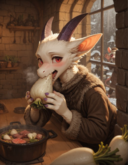 4_fingers 5_fingers ambiguous_gender anthro biped blush carrot cheek_tuft claws clothed clothing coat colored_nails container cooking depth_of_field detailed_background detailed_food duo eating eating_food eyelashes facial_tuft female finger_claws fingernails fingers food fur furniture holding_object horn inside kitchen kitchen_utensils looking_at_another looking_at_viewer male meat mythology nails open_mouth pink_nose plant red_eyes smile snow solo_focus steam table tail teeth tongue tools topwear tuft vegetable wall_(structure) white_body white_fur window winter fluffscaler hymonie_fluffscale(fluffscaler) dragon furred_dragon furred_kobold furred_scalie kobold mammal murid murine mythological_creature mythological_scalie rat rodent scalie detailed hi_res