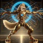 anthro bing_image_creator celestial_body cybernetic_limb cybernetics dall-e_3 detailed_background evolution_(transformation) glowing glowing_eyes gold_(metal) lupine machine male photorealistic red_eyes science_fiction solo transformation goldanthrowolf trigem canid canine canis cyborg luphra'nite mammal wolf