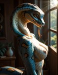 anthro blue_body blue_scales countershading female forked_tongue pupils scales slit_pupils solo tongue yellow_eyes niru humanoid reptile scalie snake hi_res