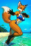 action_pose anthro beach bikini blue_sky clothing cloud day female looking_at_viewer outside palm_tree partially_submerged plant pose running sand seaside sky smile solo swimwear tree water carnivalecloudmuncher canid canine fox mammal hi_res