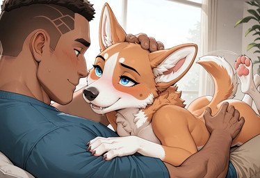 anthro bedroom_eyes blue_eyes blush bodily_fluids brown_body brown_eyes brown_hair brown_skin claws clothed clothed/nude clothed_male_nude_female clothing duo ear_tuft female fur hair hand_on_head hand_on_torso laying looking_at_another lying lying_on_another male male/female narrowed_eyes neck_tuft nude on_front orange_body orange_fur pawpads petting pink_pawpads saliva seductive side_view tail_motion tail_up tailwag tuft white_body white_fur window ghostrecon9i canid canine canis domestic_dog herding_dog human mammal pastoral_dog welsh_corgi