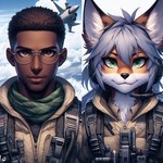 aircraft airplane anthro black_hair brown_eyes canid canine cloudscape duo eyewear female flight_suit fox fur ghostrecon9i glasses green_eyes hair headgear headphones headset human jet male mammal multicolored_ears pilot sky white_body white_fur