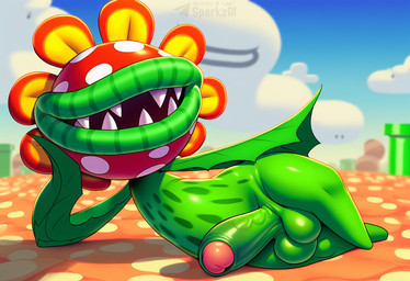 anthro balls big_balls big_penis cloud detailed_background erection eyeless foreskin genitals glans green_body humanoid_genitalia humanoid_penis lips looking_at_viewer lying male male_anthro nude on_side open_mouth outside penis plant sharp_teeth sky smile solo teeth telegram telegram_logo text vein veiny_penis sergalbutt mario_(series) super_mario_sunshine petey_piranha elemental_creature flora_fauna piranha_plant director_name signature url