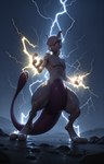 2_toes 3_fingers black_pupils blurred_background curled_tail electricity elemental_manipulation energy feet feral fingers glistening glistening_body glowing glowing_eyes gradient_background grey_body grey_sky hands long_tail looking_at_viewer magic_user particles pose pupils purple_body purple_eyes rim_light rock simple_background sky solo spread_fingers spread_legs spreading standing thunder toes tongue stablexai nintendo pokemon generation_1_pokemon legendary_pokemon mewtwo pokemon_(species) hi_res signature