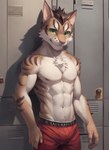 abs anthro bulge clothing felid feline green_eyes hi_res leopard leopard_cat locker_room looking_at_viewer male mammal navel nekojishi nipples orion_12 pantherine pecs prionailurus solo underwear yan_shu_chi