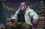 anthro antlers bench black_sclera bottomwear camo clothing eyebrows fingers fur glowing horn jacket male muscular muscular_anthro muscular_arms muscular_male muscular_thighs pants park purple_body purple_fur relaxed sitting snow solo topwear zipper mugen_kuuhakuai mugen_kuuhaku felid mammal pantherine tiger hi_res