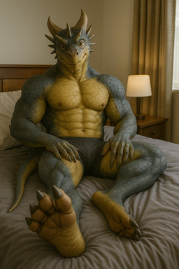4_toes 5_fingers abs anthro bed bedroom blue_body blue_scales boxers_(clothing) claws clothing digitigrade feet fingers furniture horn lamp looking_back male muscular muscular_anthro muscular_male mythology nipples nostrills scales sitting solo spikes spikes_(anatomy) tail toe_claws toes underwear wrinkled_feet yellow_body yellow_scales footlover95 dragon mythological_creature mythological_scalie scalie hi_res