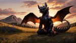 anthro dragon_wings erection genitals green_eyes humanoid_genitalia humanoid_penis looking_at_viewer male nature nature_background penis solo stable_diffusion sunset wings cattorihanzo toothless dragon hi_res wallpaper