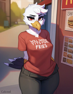 anthro beak black_body black_clothing bottomwear breasts burger clothed clothing detailed_background eyebrows eyelashes feathers female food fries front_view fully_clothed hair hands_behind_back humor looking_at_viewer multicolored_body narrowed_eyes non-mammal_breasts outside pants red_clothing red_eyes red_topwear shirt smile solo standing t-shirt tail tail_feathers text text_on_clothing text_on_topwear thick_thighs topwear tuft white_body white_feathers white_hair wide_hips yellow_beak colossal_exhoost_fume avian bird gull lari larid english_text hi_res portrait shaded signature three-quarter_portrait