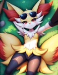 anthro black_legs blush braixen canid canine colorful eyewear female fox generation_6_pokemon genitals hi_res lying mammal pokemon_(species) prompt pussy red_eyes selfie smile solo spread_legs spreading sunglasses three-core_skin yiffymix_(model) yumisilva