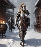 anthro armor big_breasts blonde_hair bottomwear breasts clothing detailed_background duo fantasy female fire hair huge_breasts loincloth male male/female mask metal_armor ornate plate_armor snow snowing warrior moony canid canine mammal absurd_res hi_res