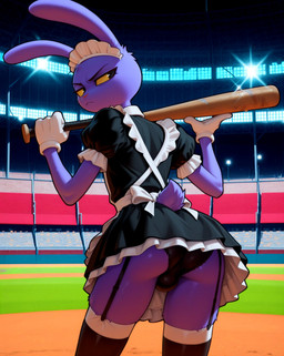 annoyed anthro backsack balls baseball_bat bat_(object) butt clothed clothing crossdressing garter_belt garter_straps genitals gloves handwear legwear maid_headdress maid_uniform male panties rear_view scut_tail short_tail solo stadium stockings underwear uniform yellow_sclera styx343 jax_(the_amazing_digital_circus) lagomorph leporid mammal rabbit hi_res