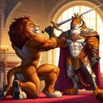 abs anthro armor candle candlelight cape clothing crown duo felid furniture inside king kneeling light lion male male/male mammal melee_weapon muscular nude pantherine royalty shirtless sword table tiger weapon zidanes123