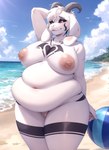 2023 absurd_res anthro asriel_dreemurr asriel_dreemurr_(god_form) beach bedroom_eyes belly belly_button big_belly black_sclera blush boss_monster bovid breasts caprine cloud crossgender fat_rolls female fur genitals goat hair heart_(marking) heart_tattoo hi_res horn light long_ears mammal markings mtf_crossgender narrowed_eyes nipples overweight pussy sand sea seaside seductive solo stable_diffusion standing sunlight tattoo thick_thighs tongue undertale_(series) video_games visible_vagina water white_body white_eyes white_fur