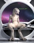 2_toes 3_fingers anthro completely_nude digitigrade feet female fingers flat_chested genitals looking_at_viewer pale_skin presenting presenting_pussy purple_eyes pussy sitting solo space spacecraft_interior text toes alien humanoid sangheili hi_res