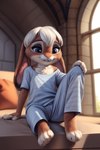 absurd_res anthro bed bedroom clothing cub female fur furniture furryrock_(model) game0ne hi_res lagomorph leporid mammal pajamas rabbit smile solo stable_diffusion young