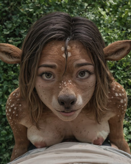 anthro breasts brown_body brown_fur clothing duo embrace female first_person_view fur hair hug human_on_anthro human_penetrating interspecies looking_at_viewer nipples nude penetration realistic size_difference spichtf cervid human mammal hi_res
