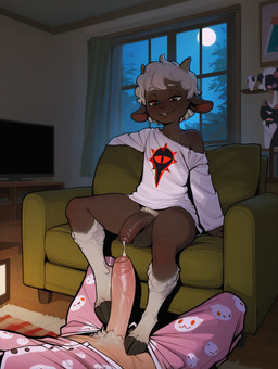anthro balls big_penis black_body bodily_fluids bottomless clothed clothing cloven_hooves cum duo erection faceless_character faceless_human faceless_male first_person_view foot_fetish foot_play footjob foreskin fur furniture genital_fluids genitals hair half-erect hooves horn humanoid_genitalia humanoid_penis male male/male male_pov night nightgown pajama_pants pajamas partially_clothed penis pubes sex sleepwear sofa white_hair wool_(fur) cult_of_the_lamb lamb_(cult_of_the_lamb) bovid caprine human mammal sheep hi_res