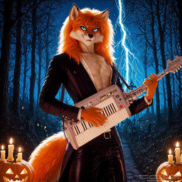 5_fingers anthro bare_chest blue_eyes bright_eyes candle cemetery chest_tuft claws clothed clothed_male clothing costume dark_background fangs fingers fluffy fluffy_hair fluffy_tail front_view fur hair halloween jack-o'-lantern keyboard_instrument keytar lightning long_exposure long_hair male medium_shot musical_instrument night orange_body orange_fur plant retro sinister_smile sky slim_body solo solo_focus star starry_sky tail teeth tree tuft sheishfed johnny_fox canid canine fox mammal hi_res