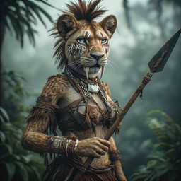 anthro blue_eyes bodypaint breasts claws female holding_object holding_spear holding_weapon jungle long_fangs looking_at_viewer melee_weapon mohawk photorealism polearm sharp_claws sharp_teeth spear teeth tribal_clothing tribal_outfit weapon maw_master felid feline lion mammal pantherine sabertoothed_lion