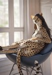 anthro black_hair blue_eyes chair digitigrade female furniture hair inside light long_hair looking_at_viewer looking_back looking_back_at_viewer lying nude on_chair on_side smile solo spots sunlight tasteful_nudity window director_crashbandit cheetah felid feline mammal hi_res novelai