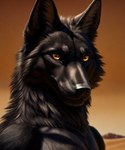 ambiguous_gender anthro black_body black_fur black_nose canid canine canis desert fur gold_eyes inner_ear_fluff keebler looking_at_viewer mammal solo tuft wolf