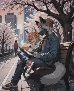 accessory animal_ears anthro arm_support asian_clothing beanie bench black_body black_fur bottomwear cherry_blossom cherry_blossom_tree cherry_tree city city_background clothed clothing countershading crossed_legs crowd denim denim_clothing duo east_asian_clothing female flower footwear fruit_tree fur grey_body grey_fur group hair hat headgear headwear holding_object inner_ear_fluff jacket japanese_clothing jeans leather leather_clothing leather_jacket leather_topwear lolibaba looking_down male male/female notched_ear open_mouth outside pants park park_bench pencil_(object) petals plant public red_eyes reverse_countershading shoes sitting sitting_on_bench smile sneakers sun tail topwear tree tuft white_body white_fur yellow_body yellow_fur arturowolff_(director) arturowolff senko-san animal_humanoid canid canid_humanoid canine canine_humanoid canis fox fox_humanoid human humanoid mammal mammal_humanoid wolf hi_res