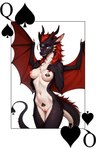 animal_ears anthro black_body black_fur blue_eyes blush breasts card chest_tuft cute_expression dragon_tail eyelashes fangs female female_focus fur genitals hair horn legs_together looking_at_viewer medium_breasts medium_hair membrane_(anatomy) membranous_wings multicolored_body navel nipples playing_card poker pussy red_hair simple_background smile solo solo_focus spade standing tattoo tuft wings director_yeenashaven dragon furred_dragon absurd_res hi_res portrait three-quarter_portrait