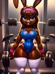 absurd_res accessory anthro athletic bratz brown_body brown_fur brown_hair clothing female fur gym hair headband hi_res lagomorph legwear leonoser leotard leporid mammal rabbit solo solo_focus tights wristband