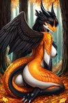 anthro breasts butt dragon feathered_wings feathers female genitals hair horn looking_at_viewer nipples non-mammal_breasts non-mammal_nipples nude orange_body pussy scales scalie smile solo wings